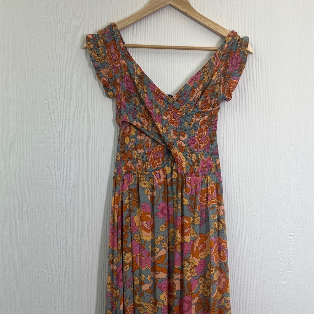 Aakaa - Colorful Floral Smocked Cross Chest Slit Long Maci Dress Size Small - Picture 7 of 12
